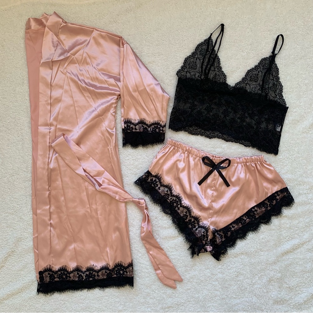 Elegant Pink and Black Lace Sleepwear Set